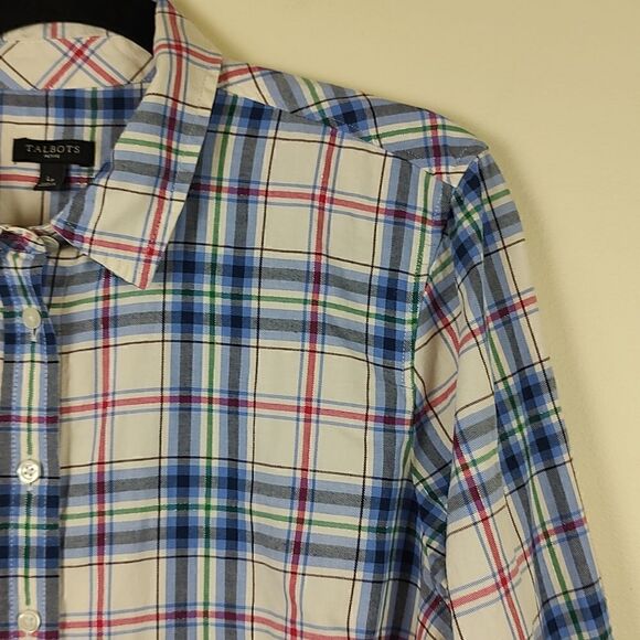 Talbot's Blue Plaid Button Front Shirt Long Sleeve Top Metallic Stripe Size LP - Picture 3 of 10